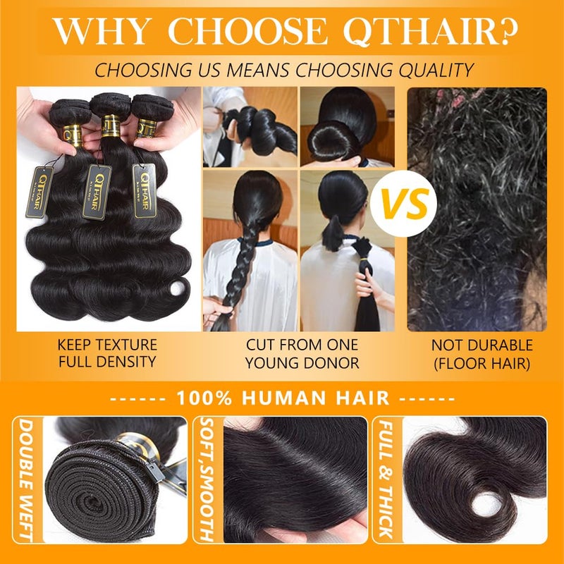 QTHAIR Brazilian Virgin Hair 18A Grade Body Wave Bundles 100% Unprocessed Virgin Brazilian Body Wavy Human Hair Bundles 20" 18" 16" 300g Brazilian Body Wave Human Hair Extensions - Image 5